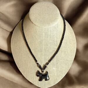 VTG Hematite Beaded Scottie Westie Pendant Rhinestone Eye Silver Tone Beads 18”